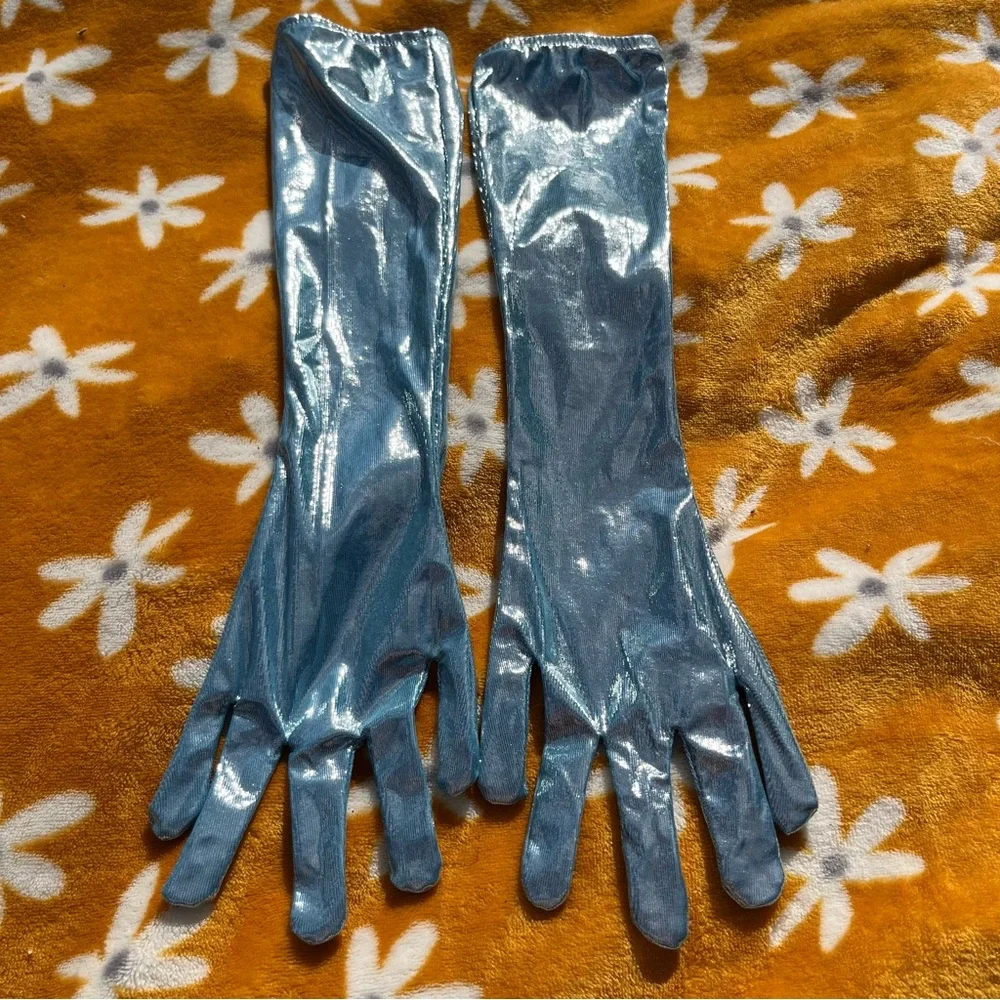 NWOT Metallic Shimmery Ice Blue Long Gloves Light Blue Pastel Silver Sparkles